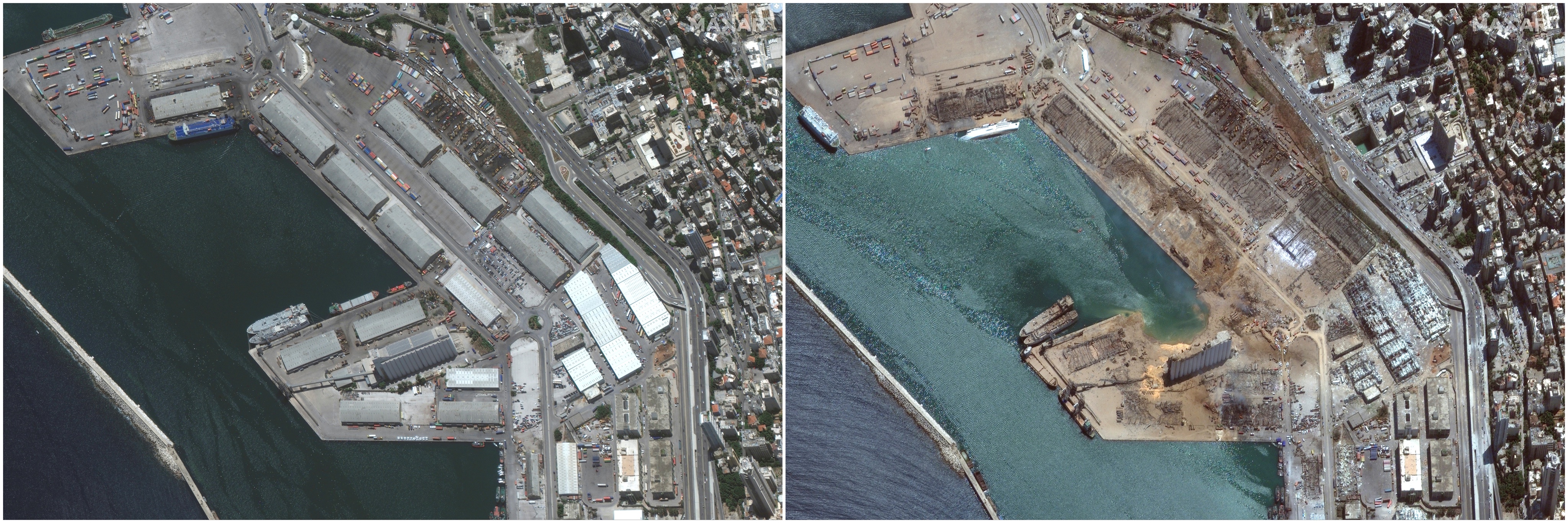 صورة من الأقمار الصناعية لميناء بيروت قبل وبعد الانفجار الضخم تظهر حجم الدمار الذي حدث.jpg