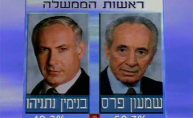 شمعون بيرز وبنيامين نتنياهو، خلال تنافسهما في انتخابات 1996 (أرشيف القناة الثانية الإسرائيلية)