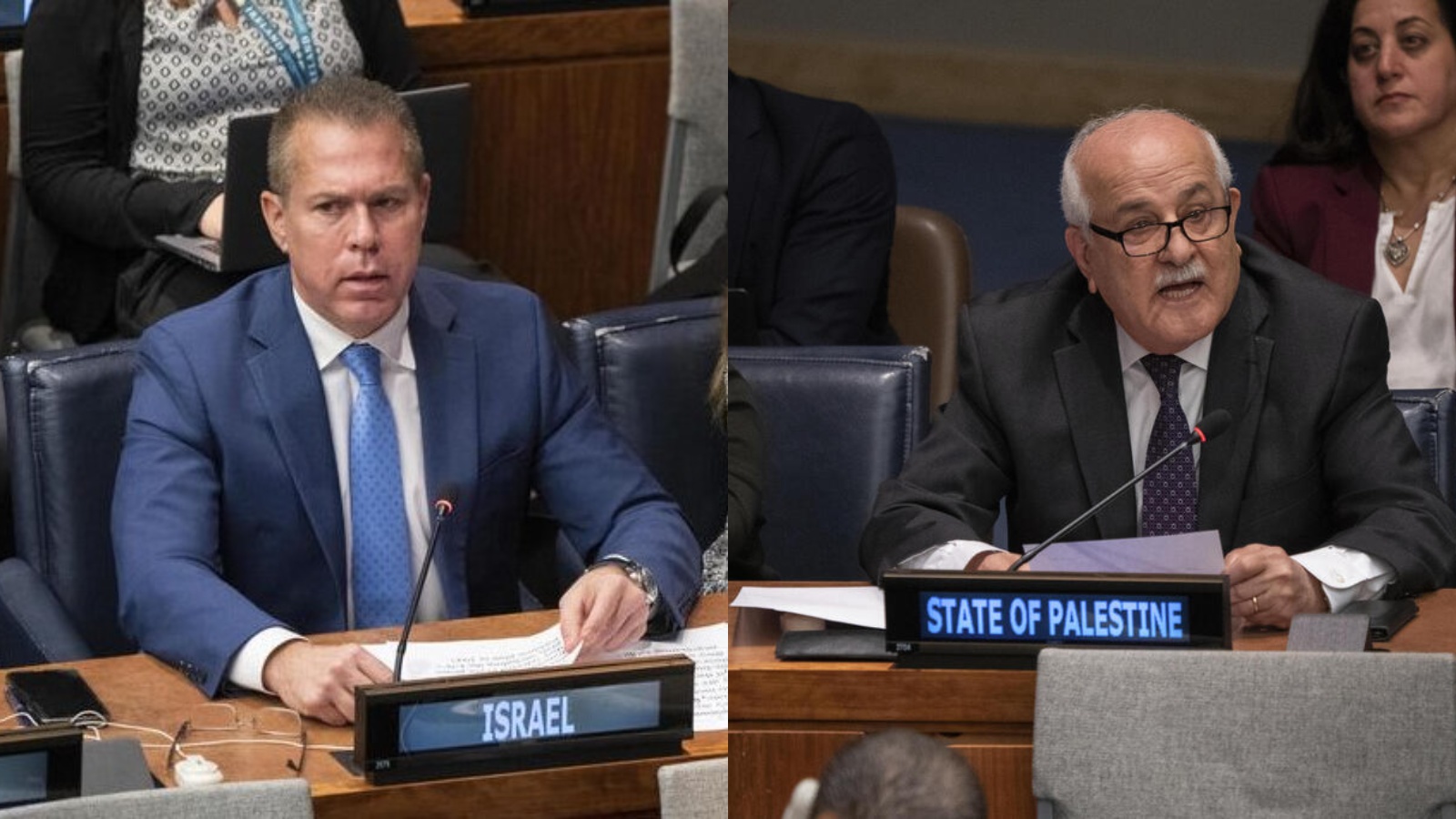 المندوب الدائم لدولة فلسطين لدى الأمم المتحدة السفير رياض منصور، ونظيره الإسرائيلي جلعاد إردان، نيويورك، 11 تشرين الثاني/نوفمبر 2022 (AP/ تعديل: تلفزيون سوريا)