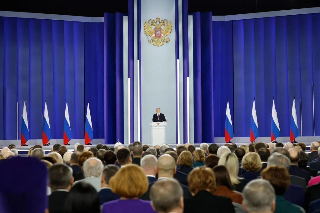 الرئيس الروسي فلاديمير بوتين يلقي كلمة بمناسبة الذكرى السنوية الأولى للحرب في أوكرانيا، موسكو، 21 شباط/فبراير 2023 
