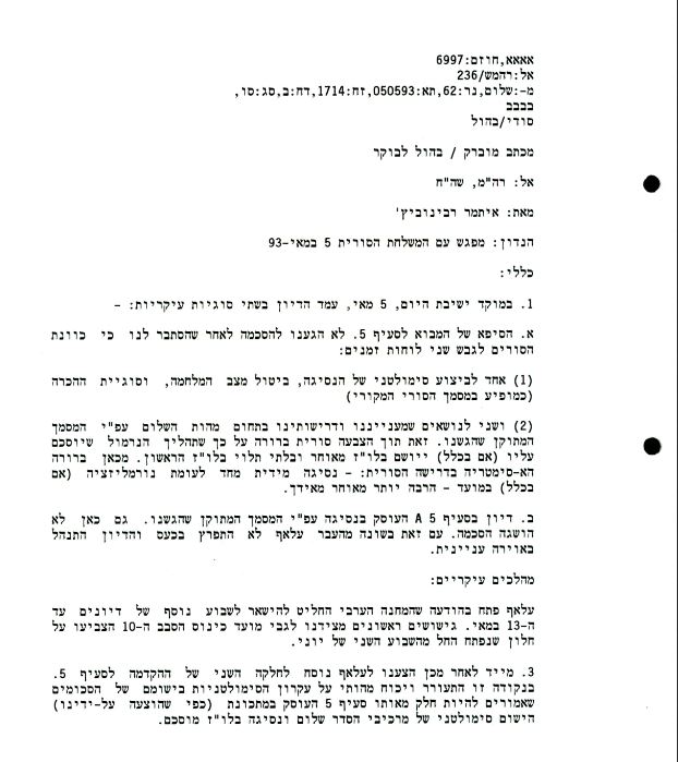 وثيقة نشرها الأرشيف الرسمي الإسرائيلي عن "مفاوضات السلام" الأسد، أرسلها رابينوفيتش في 5 أيار/مايو 1992 إلى رابين، معنونة بأنها "سرية ومستعجلة"