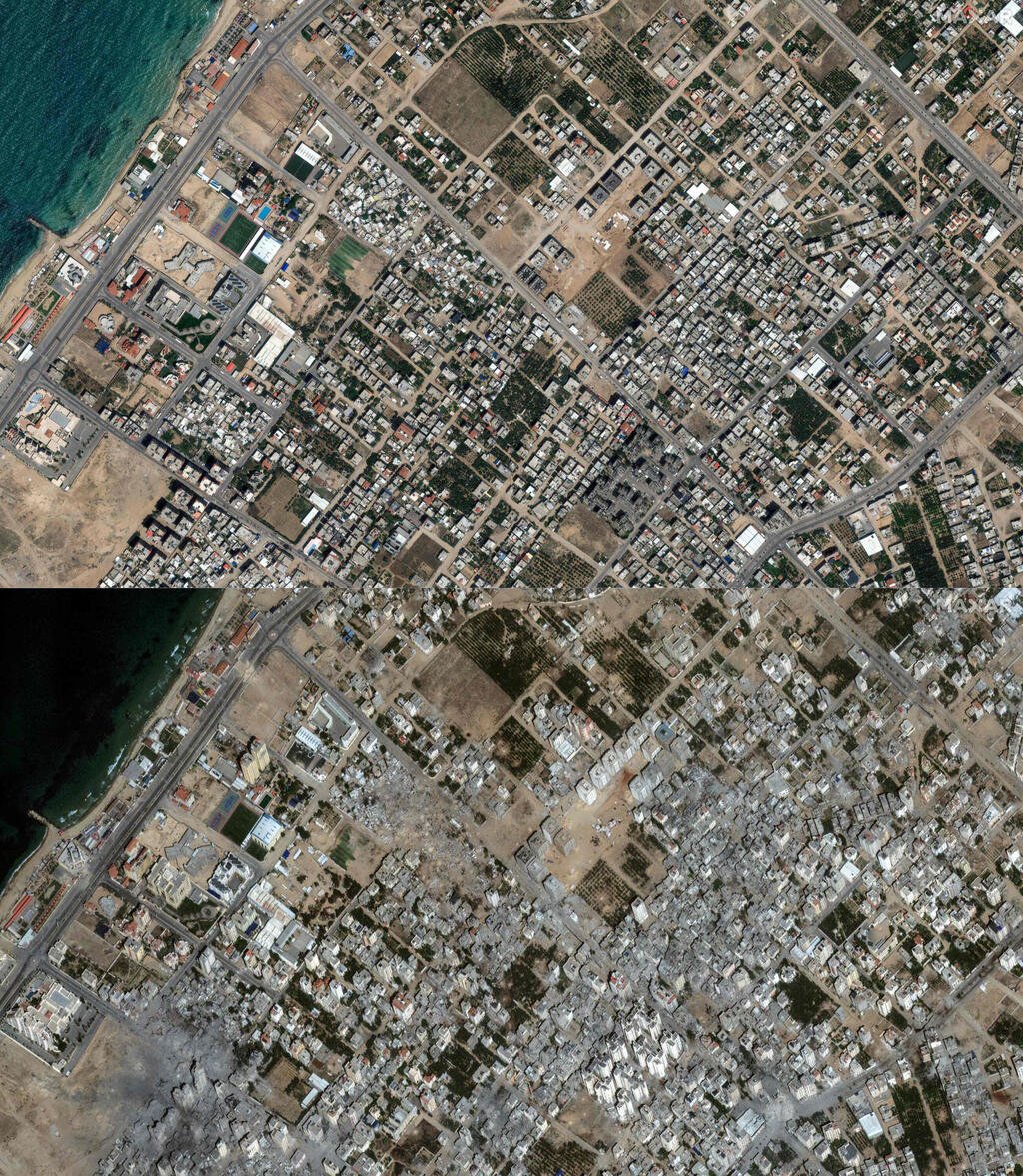صورتان التقطتهما شركة للأقمار الصناعية "Maxar Technologies" حي الكرامة في مدينة غزة قبل وبعد القصف الإسرائيلي (AFP)