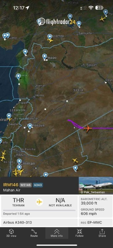 صورة توضح تغيير طائرة وزير الخارجية الإيراني لمسارها بعد تعذر هبوطها في مطار دمشق