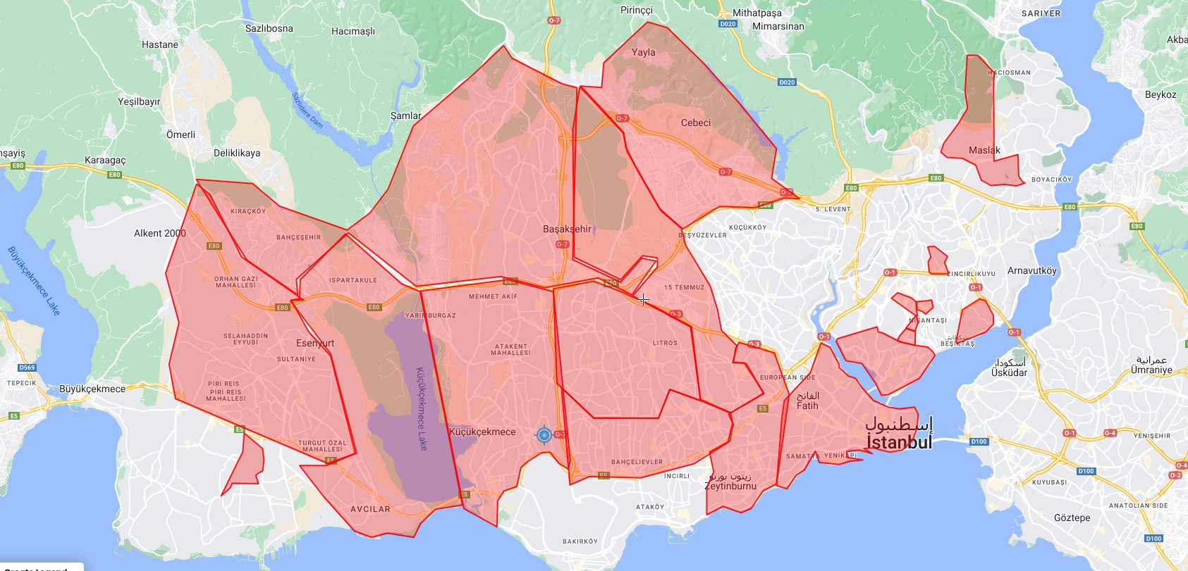 خريطة الأحياء المغلقة في الشطر الأوروبي من مدينة إسطنبول