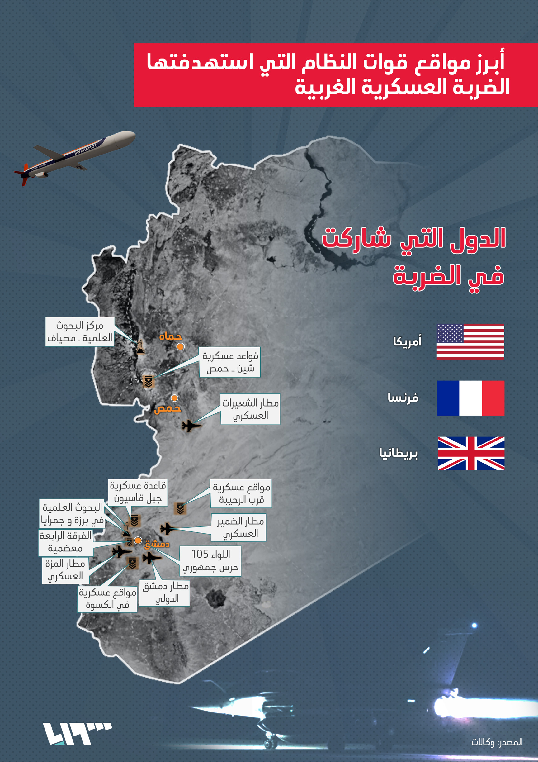 أبرز مواقع قوات النظام التي استهدفتها الضربة العسكرية الغربية