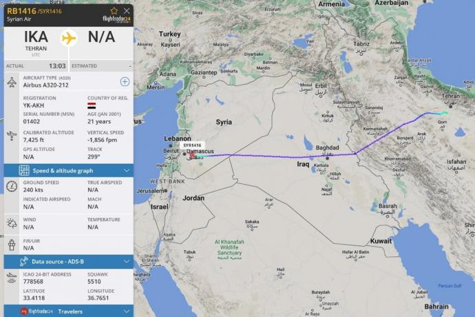 صورة الرحلة الجوية من طهران إلى مطار دمشق