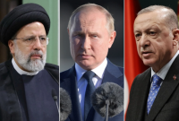 الرئيس التركي، رجب طيب أردوغان، والروسي فلاديمير بوتين، والإيراني إبراهيم رئيسي (الجزيرة)
