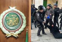 ششرطة الاحتلال الإسرائيلي تجر امرأة فلسطينية في المسجد الأقصى (APF)، شعار الجامعة العربية (تعديل: تلفزيون سوريا)