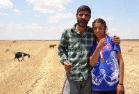 الطالبة السورية أمينة أحمد في الحقل برفقة والدها (İHA)