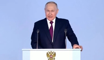 الرئيس الروسي فلاديمير بوتين يلقي كلمة بمناسبة الذكرى السنوية الأولى للحرب في أوكرانيا، موسكو، 21 شباط/فبراير 2023 (رويترز)