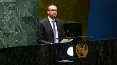 السكرتير الأول في وفد الكويت الدائم لدى الأمم المتحدة فهد حجي خلال جلسة للجمعية العامة - "كونا"