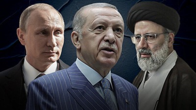 الرئيس الإيراني إبراهيم رئيسي والرئيس التركي رجب طيب أردوغان والرئيس الروسي فلاديمير بوتين (Yeni Şafak)