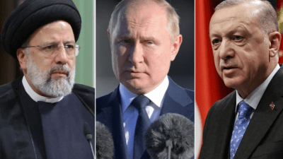 الرئيس التركي، رجب طيب أردوغان، والروسي فلاديمير بوتين، والإيراني إبراهيم رئيسي (الجزيرة)