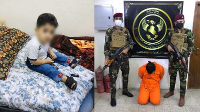 أثناء إلقاء القبض على الأب العراقي وصورة للطفل (وسائل إعلام عراقية)