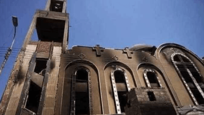 كنيسة الشهيد أبو سيفين بإمبابة والتي تعرضت لحريق اليوم (تويتر)