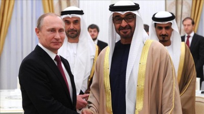 رئيس دولة الإمارات، محمد بن زايد آل نهيان والرئيس الروسي، فلاديمير بوتين (الأناضول)