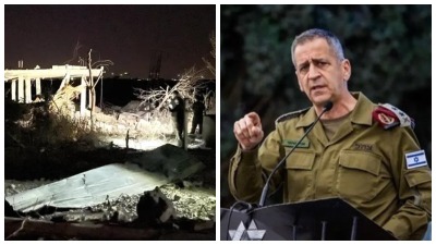 رئيس هيئة الأركان في الجيش الإسرائيلي أفيف كوخافي، آثار الدمار من جراء الهجوم الإسرائيلي شرقي سوريا (تعديل: تلفزيون سوريا)