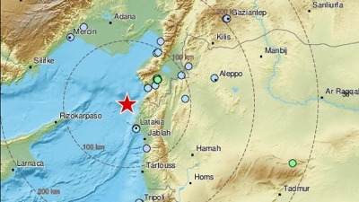خريطة تظهر مكان الزلزال على السواحل السورية- 15 من نيسان 2020 (مركز الزلزال/ فيس بوك)