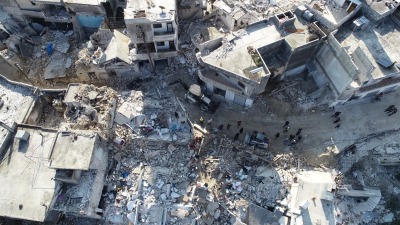 لقطة جوية لجزء من الدمار الذي سببه الزلزال شمال غربي سوريا (الدفاع المدني السوري)