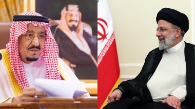 العاهل السعودي سلمان بن عبد العزيز والرئيس الإيراني إبراهيم رئيسي (تعديل تلفزيون سوريا)
