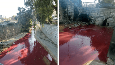 صور متداولة تظهر تصبغ مياه نهر بردى باللون الأحمر - إنترنت