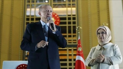 الرئيس التركي رجب طيب أردوغان يلقي خطاب النصر في أنقرة، 29 أيار 2023 (الأناضول)