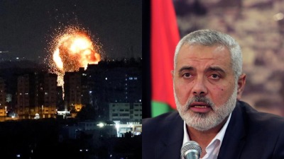 إسماعيل هنية رئيس المكتب السياسي لحركة "حماس"، جانب من القصف الإسرائيلي على قطاع غزة، 3 أيار/مايو 2023 (تعديل: تلفزيون سوريا)