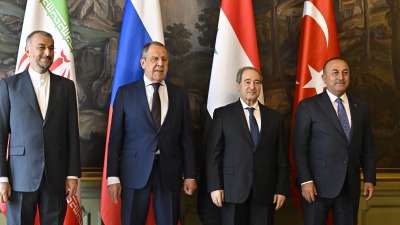 وزراء خارجية تركيا والنظام السوري وروسيا وإيران خلال الاجتماع الرباعي في موسكو - 10 أيار 2023 (الأناضول)