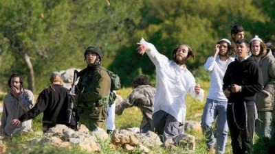 مستوطنون إسرائيليون يلقون الحجارة برفقة جنود الجيش الإسرائيلي في الضفة الغربية المحتلة (الإنترنت)