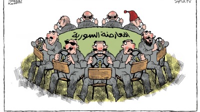 كاريكاتير بعنوان "معارضة خمس نجوم" للفنان موفق قات، حزيران/يونيو 2023 (تلفزيون سوريا)