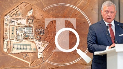الملك عبد الله وخارطة تظهر موقع الغارة التي استهدفت قاعدة أردنية يستخدمها جنود اميركيون
